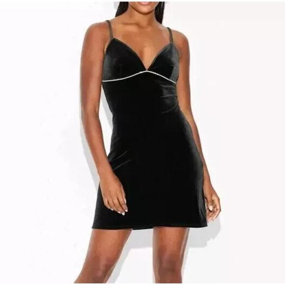 Rave Girl Black Velvet Rhinestone Trim Mini Dress – XS – Y2K Glam Party Style - Picture 1 of 11